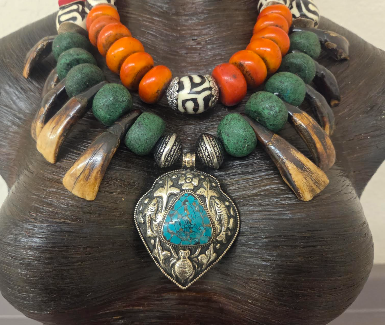Exotic Tribal Luxe Necklace - Moroccan Resin, Zebu Bone & Bison Teeth