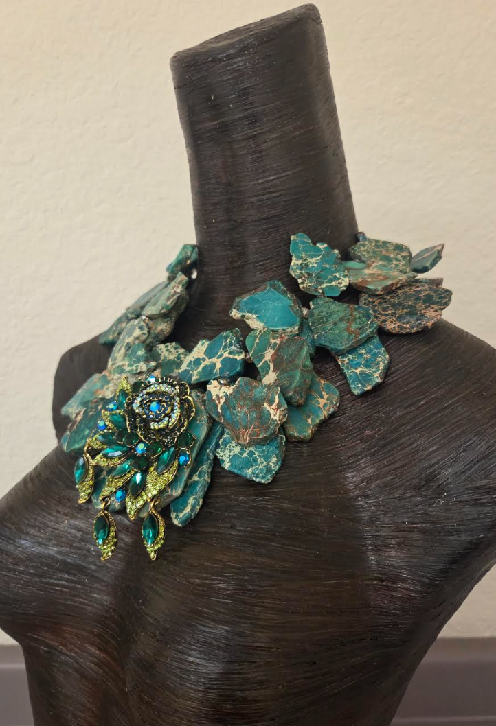 Teal & Beige Resin Slab Necklace - Teal Green Rhinestone Rose Pendant