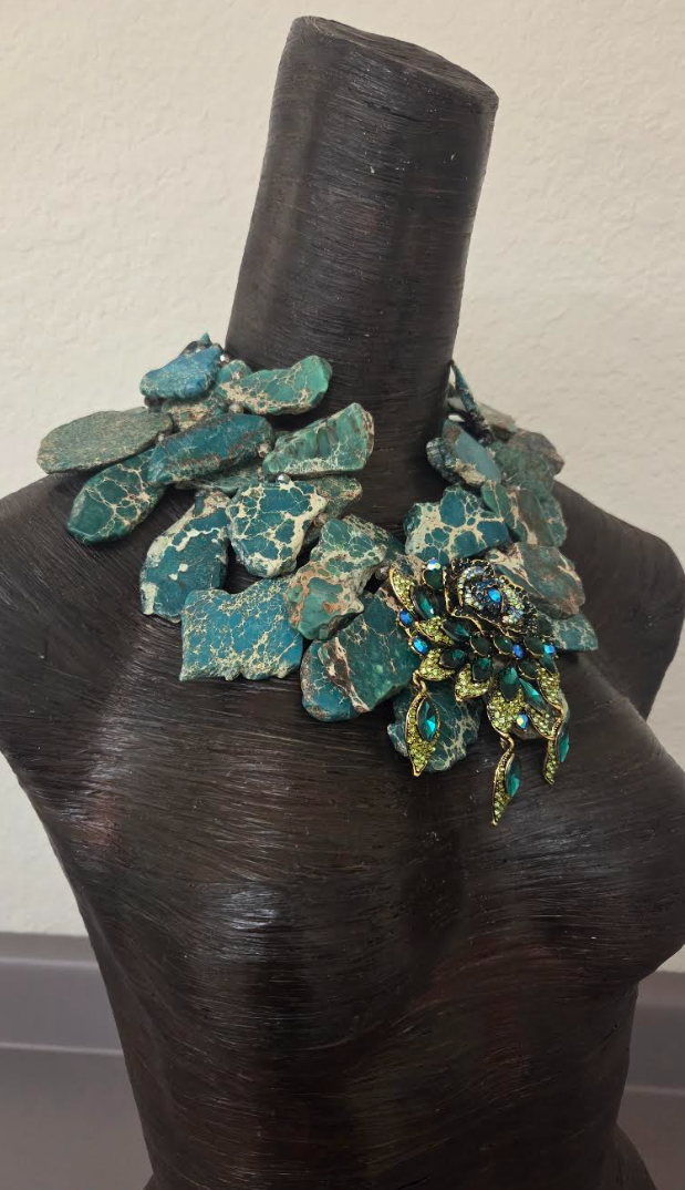 Teal & Beige Resin Slab Necklace - Teal Green Rhinestone Rose Pendant
