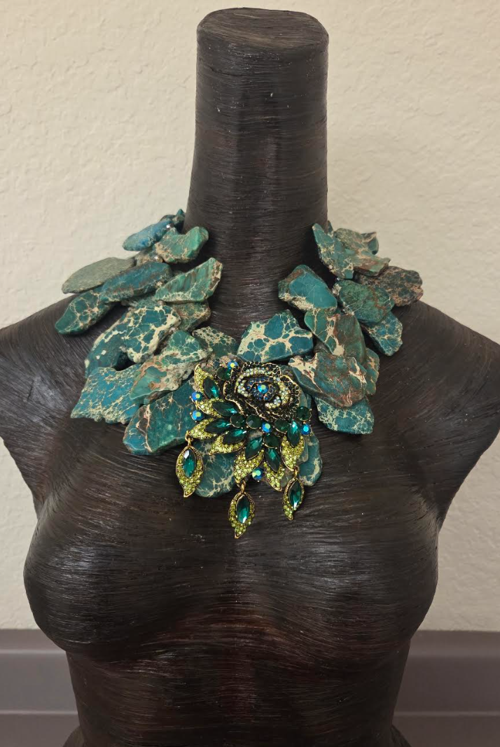 Teal & Beige Resin Slab Necklace - Teal Green Rhinestone Rose Pendant