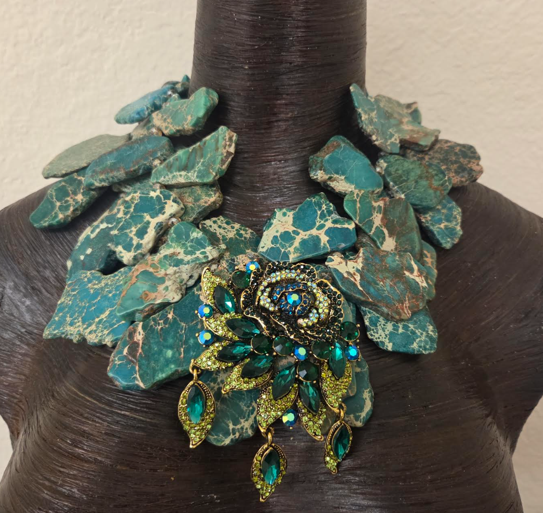 Teal & Beige Resin Slab Necklace - Teal Green Rhinestone Rose Pendant