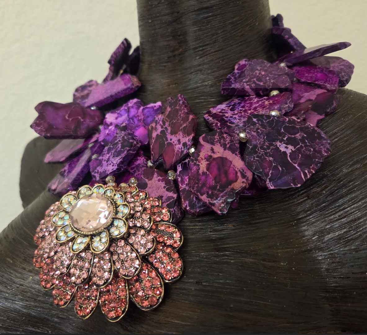 Variegated Purple Slab Statement Necklace -  Peachy Pink Bling Pendant