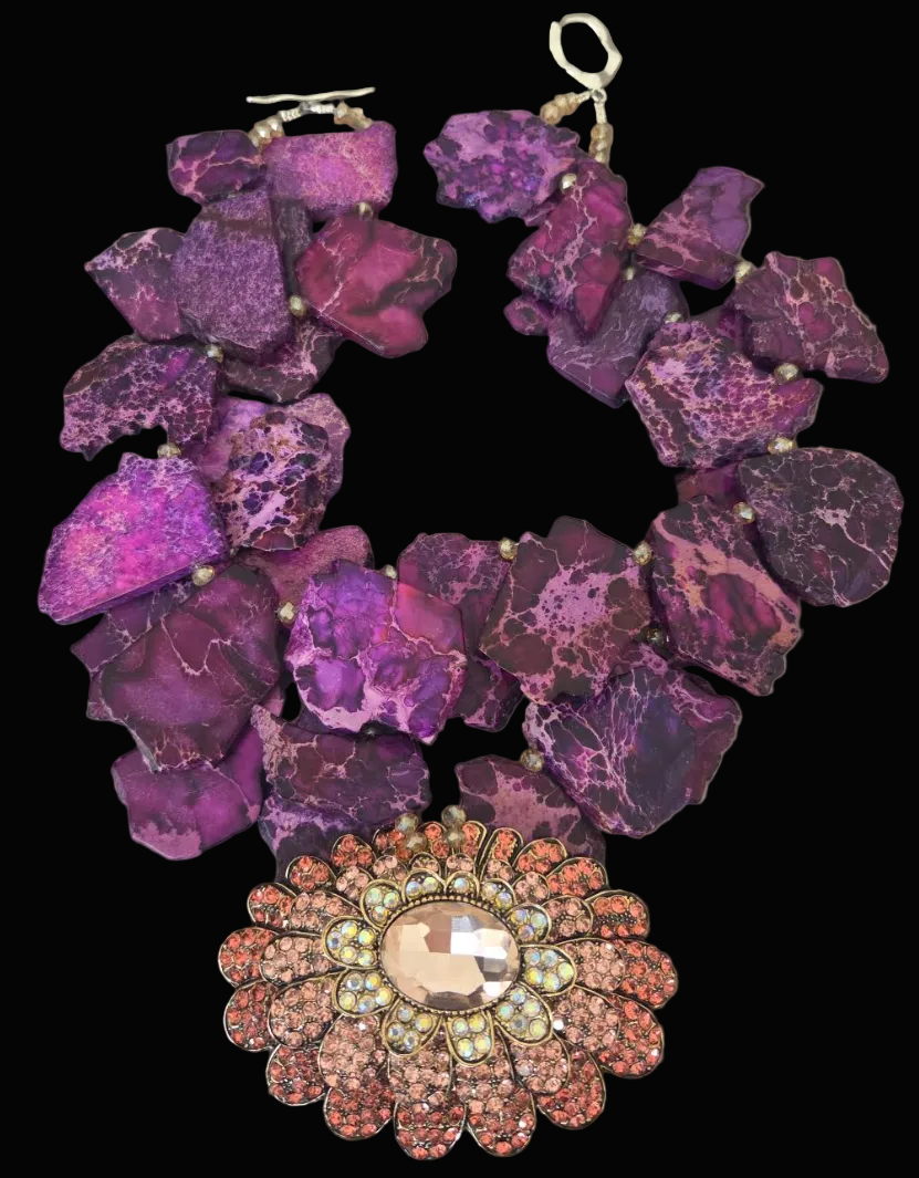 Variegated Purple Slab Statement Necklace -  Peachy Pink Bling Pendant