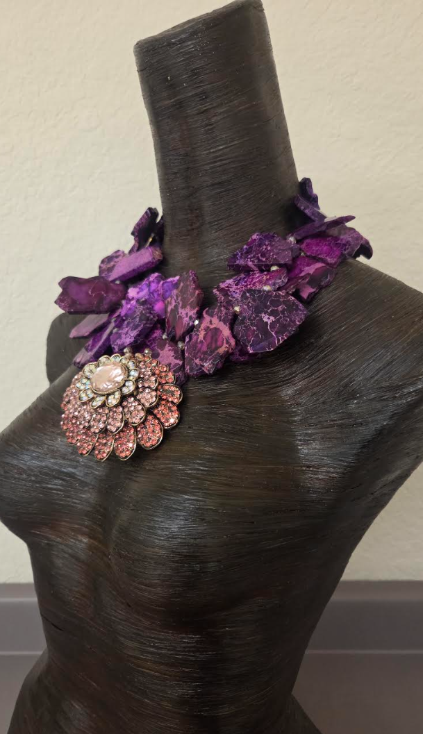 Variegated Purple Slab Statement Necklace -  Peachy Pink Bling Pendant