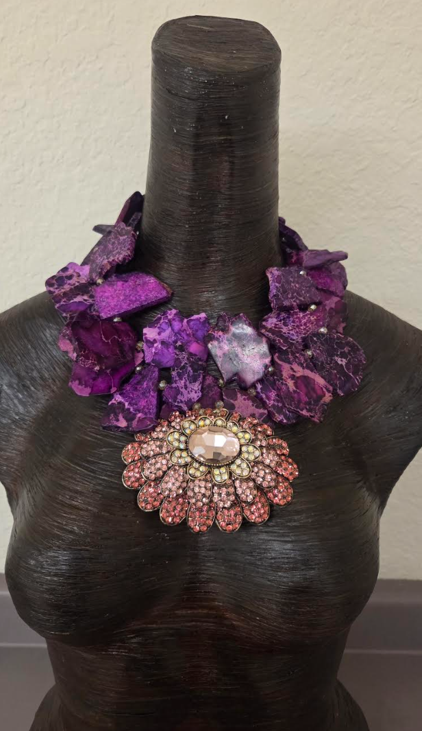 Variegated Purple Slab Statement Necklace -  Peachy Pink Bling Pendant