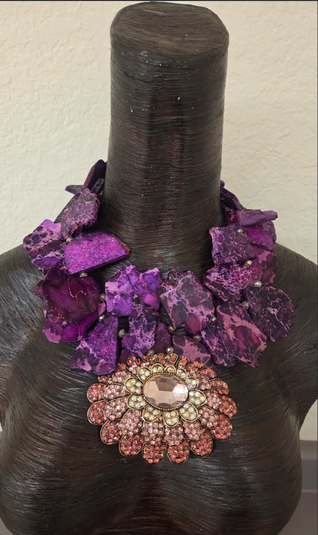 Variegated Purple Slab Statement Necklace -  Peachy Pink Bling Pendant