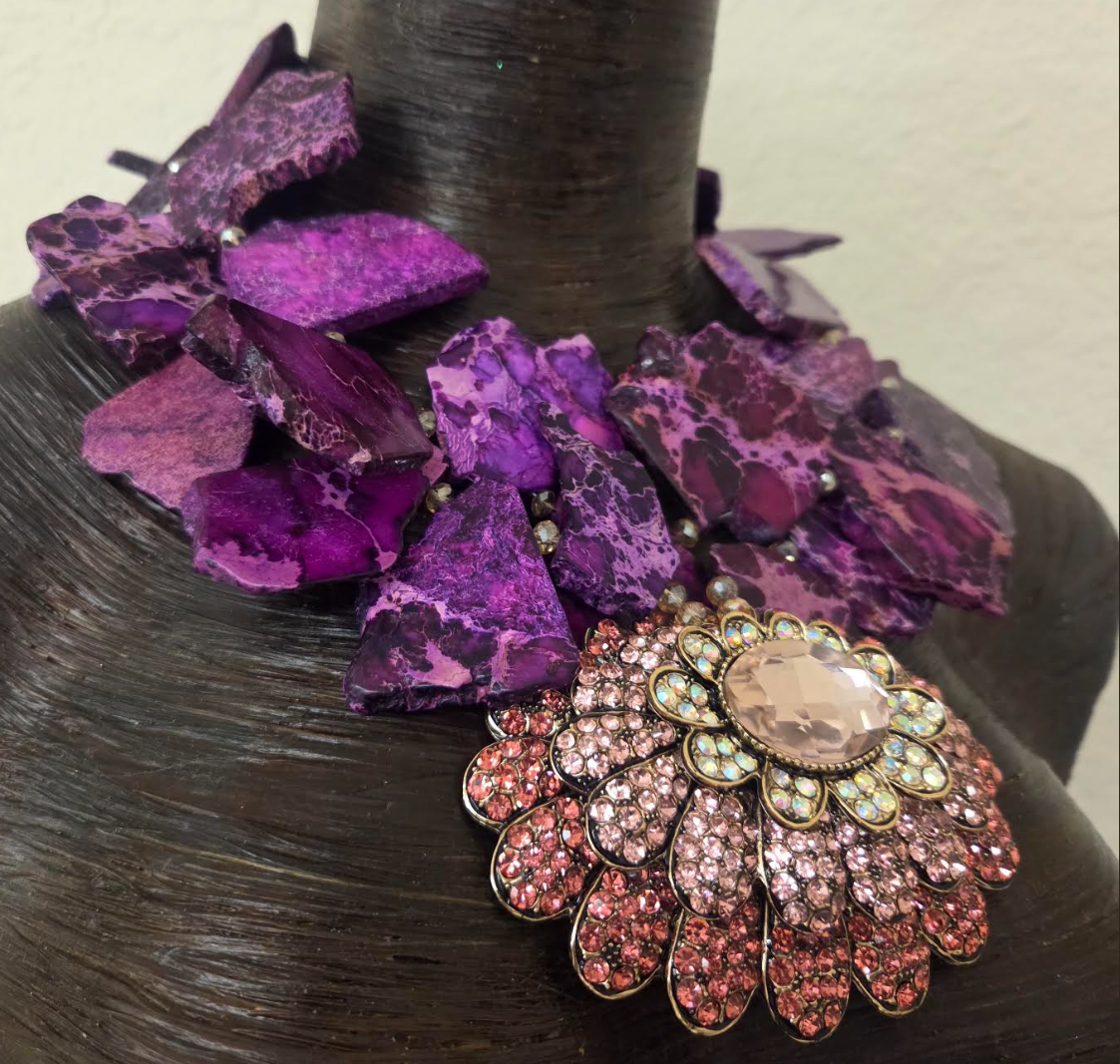 Variegated Purple Slab Statement Necklace -  Peachy Pink Bling Pendant