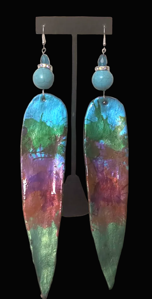 Water Color Like Shoulder Duster Pierced Earrings - OOAK Wearable Art