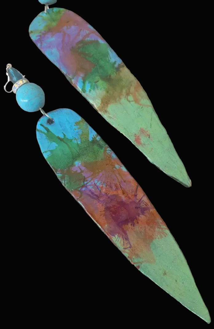 Water Color Like Shoulder Duster Pierced Earrings - OOAK Wearable Art