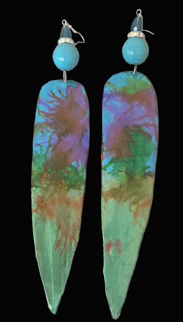 Water Color Like Shoulder Duster Pierced Earrings - OOAK Wearable Art