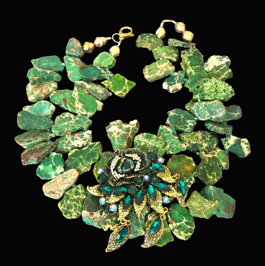 Green & Beige Sea Sediment Slab Statement Necklace -  Emerald Green Rose Pendant