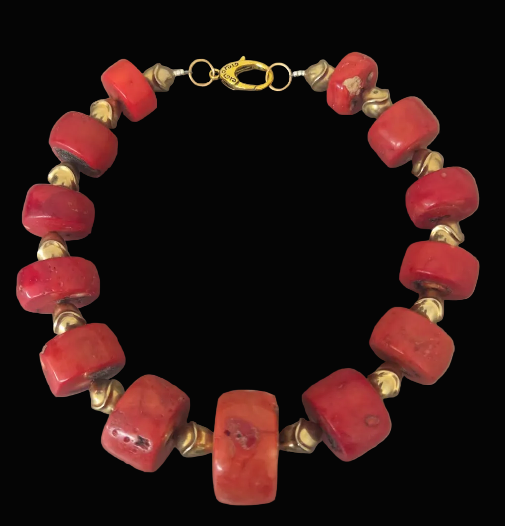 Salmon Red Bold Chunky Unisex Coral Necklace with Mid-Century Brass Beads