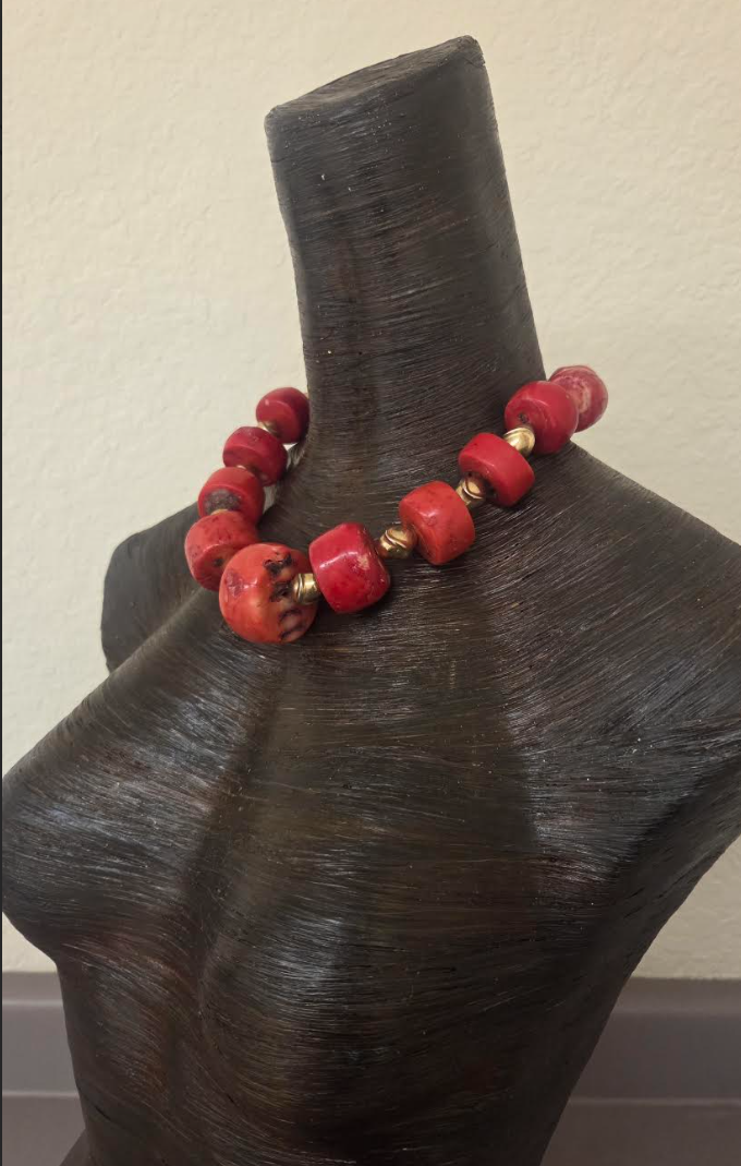 Salmon Red Bold Chunky Unisex Coral Necklace with Mid-Century Brass Beads