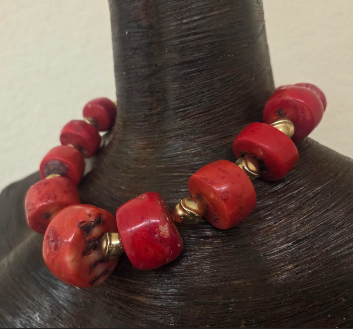 Salmon Red Bold Chunky Unisex Coral Necklace with Mid-Century Brass Beads