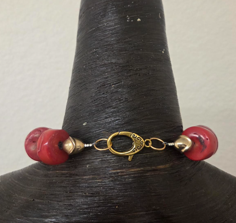 Salmon Red Bold Chunky Unisex Coral Necklace with Mid-Century Brass Beads