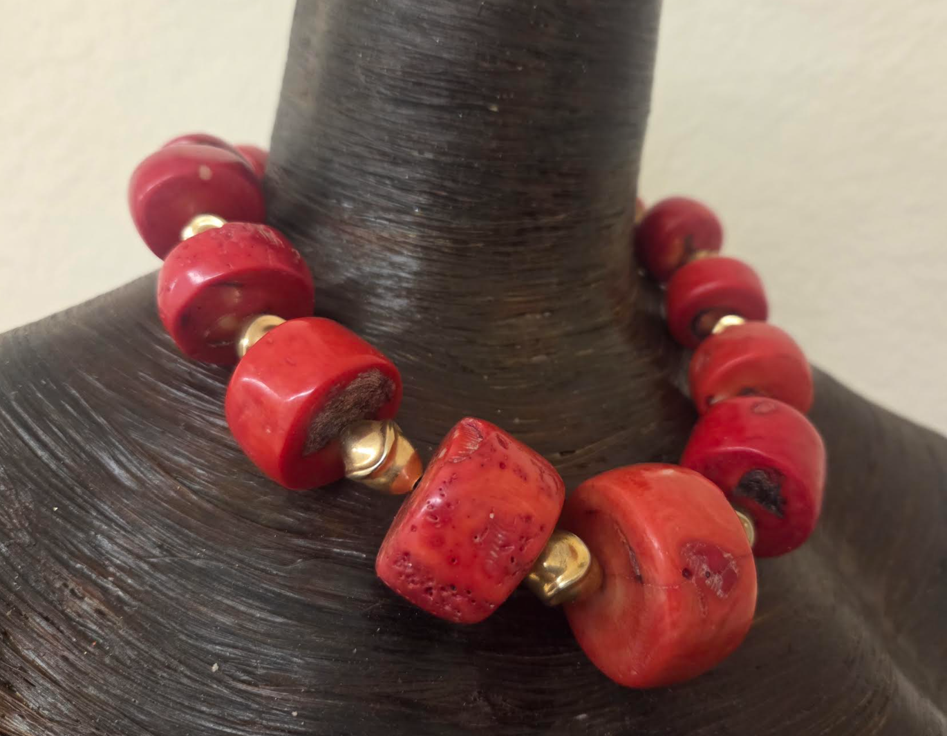 Salmon Red Bold Chunky Unisex Coral Necklace with Mid-Century Brass Beads