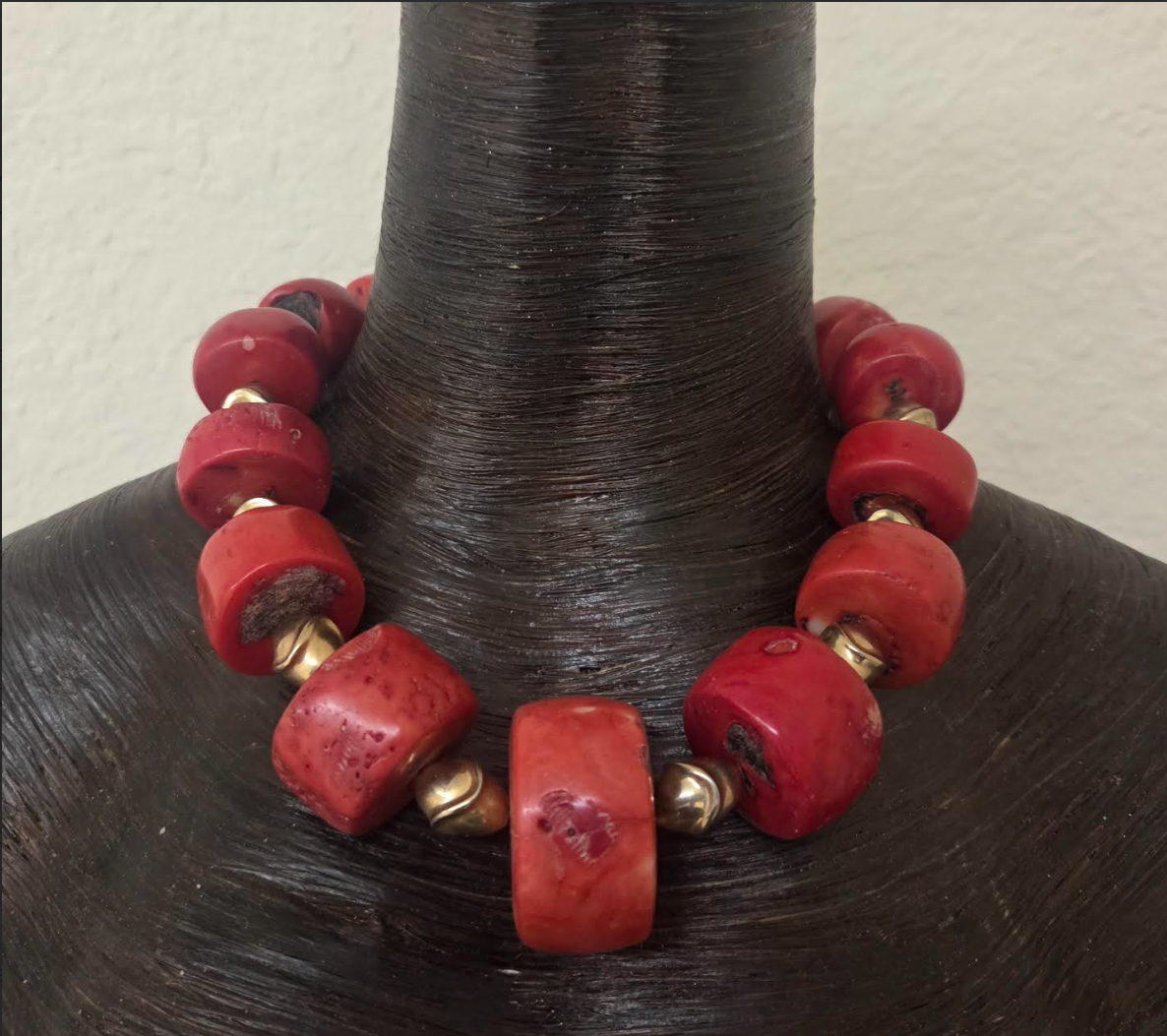 Salmon Red Bold Chunky Unisex Coral Necklace with Mid-Century Brass Beads