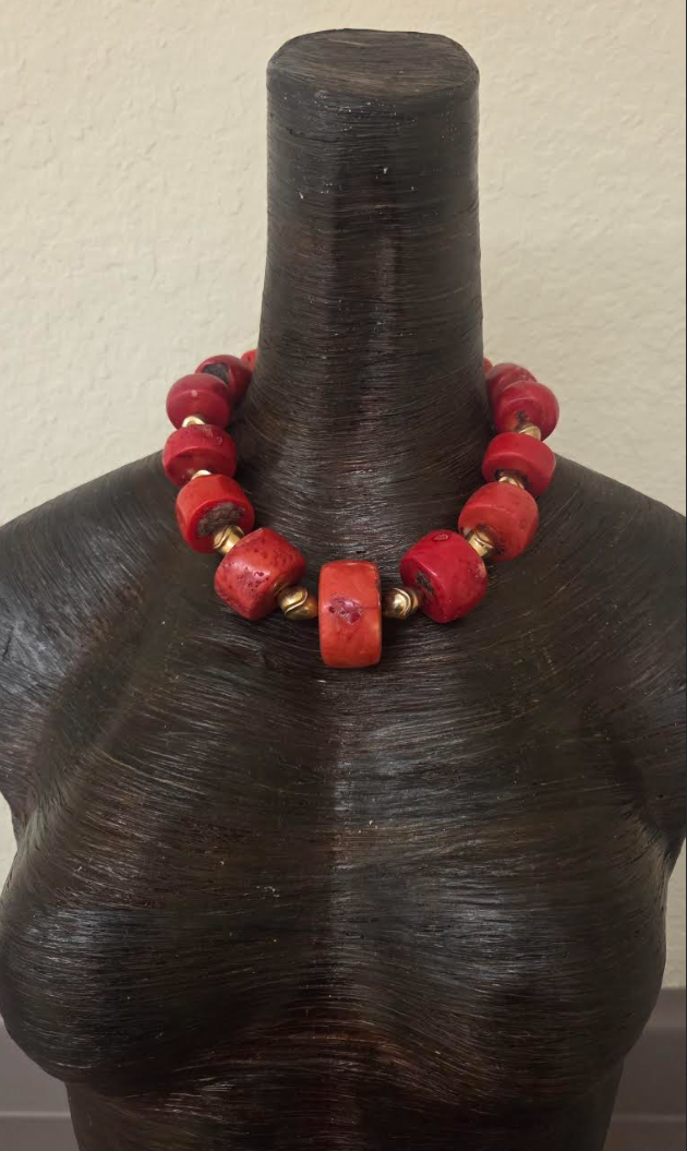 Salmon Red Bold Chunky Unisex Coral Necklace with Mid-Century Brass Beads