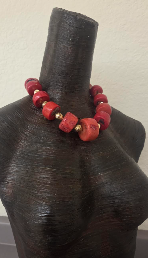 Salmon Red Bold Chunky Unisex Coral Necklace with Mid-Century Brass Beads