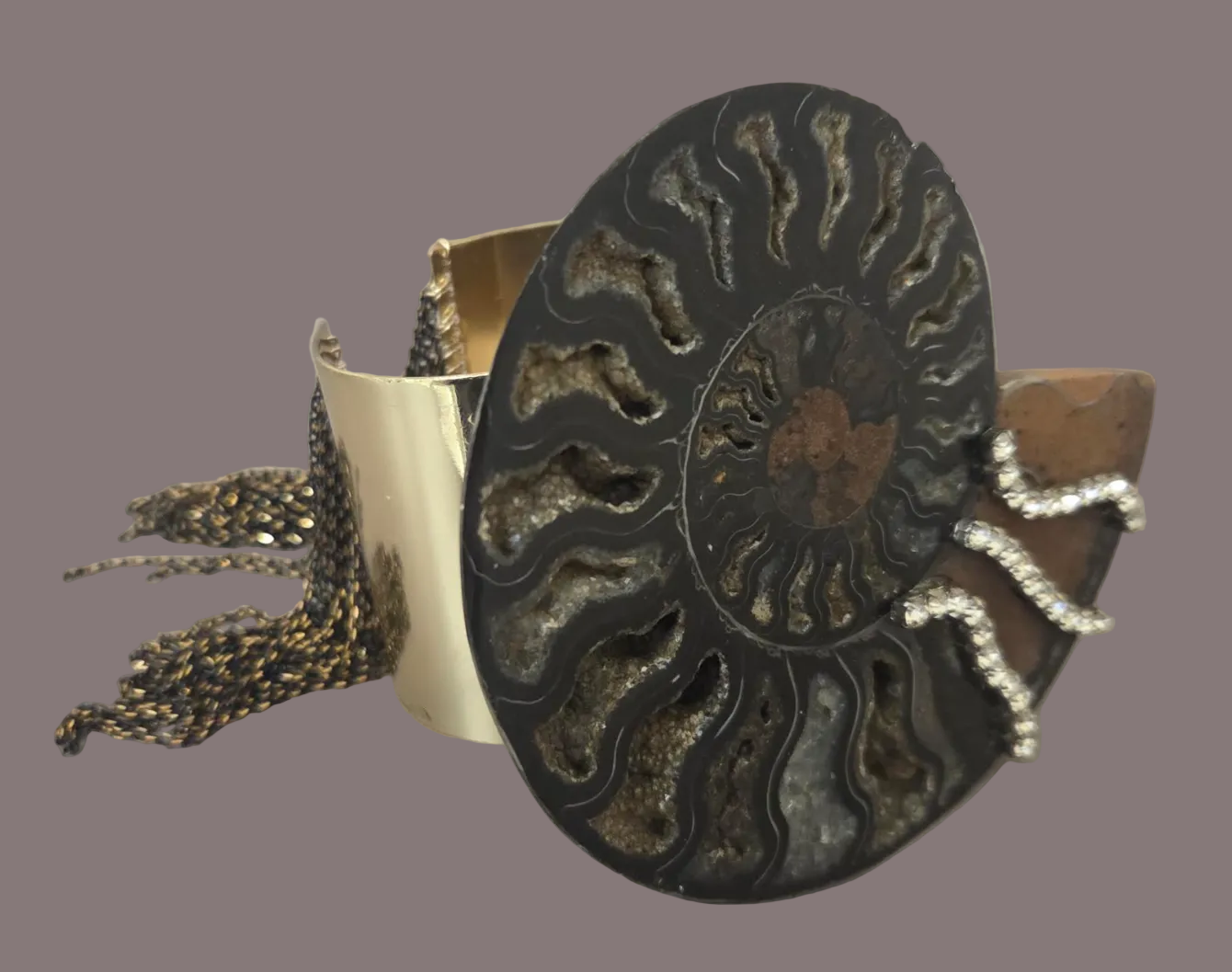Rare Black Ammonite Statement Cuff and Ring Set for Women