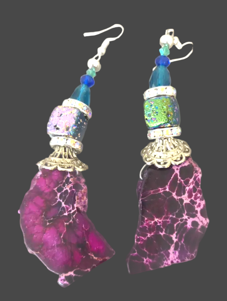 Purple Slab Titanium Quartz & Faceted Crystal Pierced Shoulder Dusters