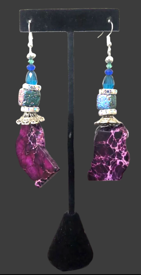 Purple Slab Titanium Quartz & Faceted Crystal Pierced Shoulder Dusters
