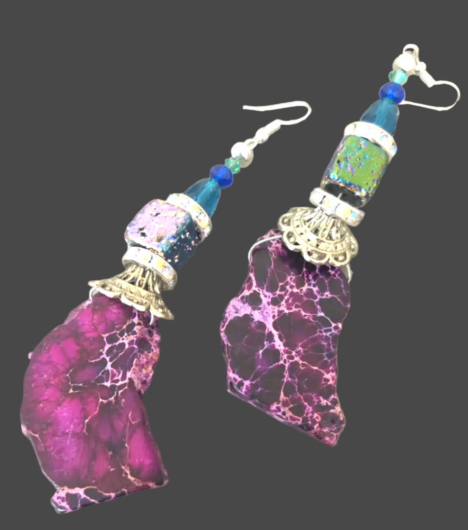 Purple Slab Titanium Quartz & Faceted Crystal Pierced Shoulder Dusters