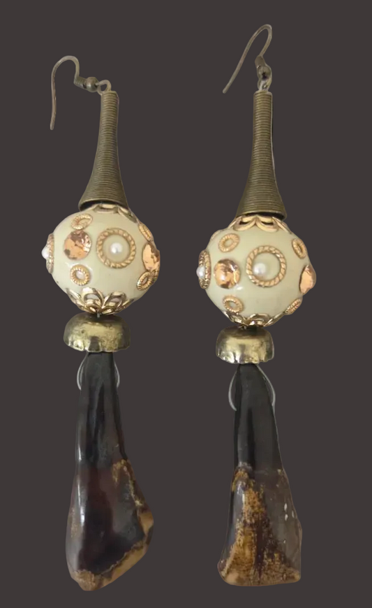 Stained Buffalo Incisor Teeth & Exotic Bead Shoulder Duster Earrings