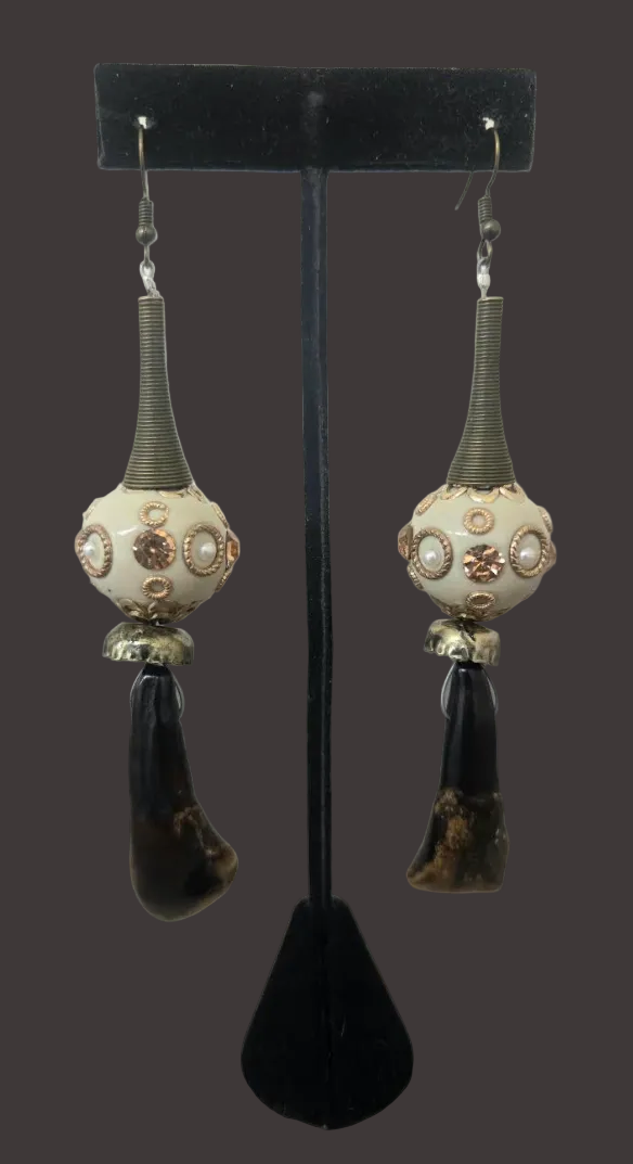 Stained Buffalo Incisor Teeth & Exotic Bead Shoulder Duster Earrings