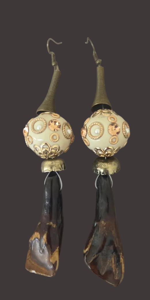 Stained Buffalo Incisor Teeth & Exotic Bead Shoulder Duster Earrings
