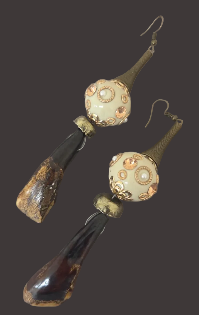 Stained Buffalo Incisor Teeth & Exotic Bead Shoulder Duster Earrings