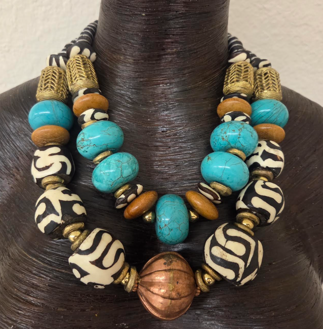 African Inspired Mixed Media Luxury Beaded Multi Strand Statement Necklace