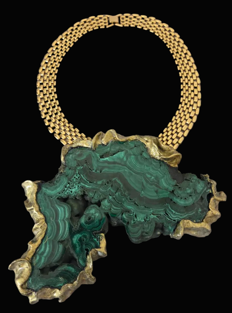 Polished Malachite Sculpted Faux Gold Statement Pendant - Bold Chain