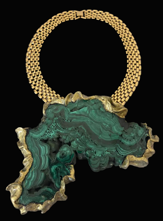 Polished Malachite Sculpted Faux Gold Statement Pendant - Bold Chain
