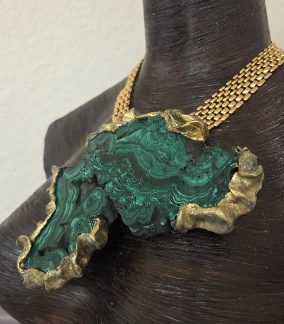 Polished Malachite Sculpted Faux Gold Statement Pendant - Bold Chain