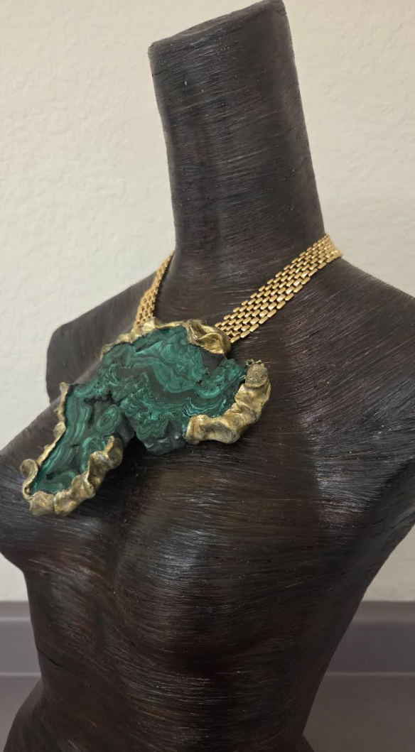 Polished Malachite Sculpted Faux Gold Statement Pendant - Bold Chain