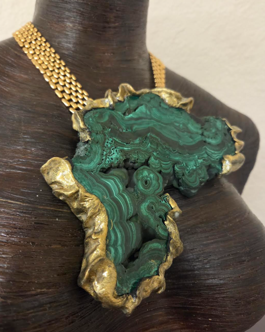 Polished Malachite Sculpted Faux Gold Statement Pendant - Bold Chain