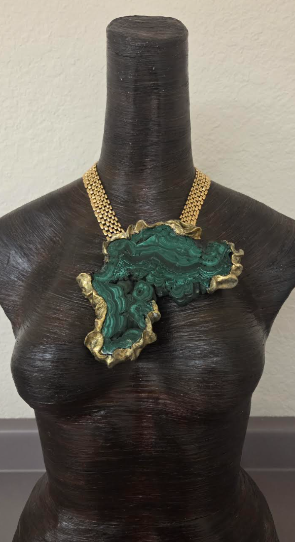 Polished Malachite Sculpted Faux Gold Statement Pendant - Bold Chain