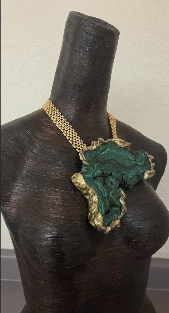 Polished Malachite Sculpted Faux Gold Statement Pendant - Bold Chain