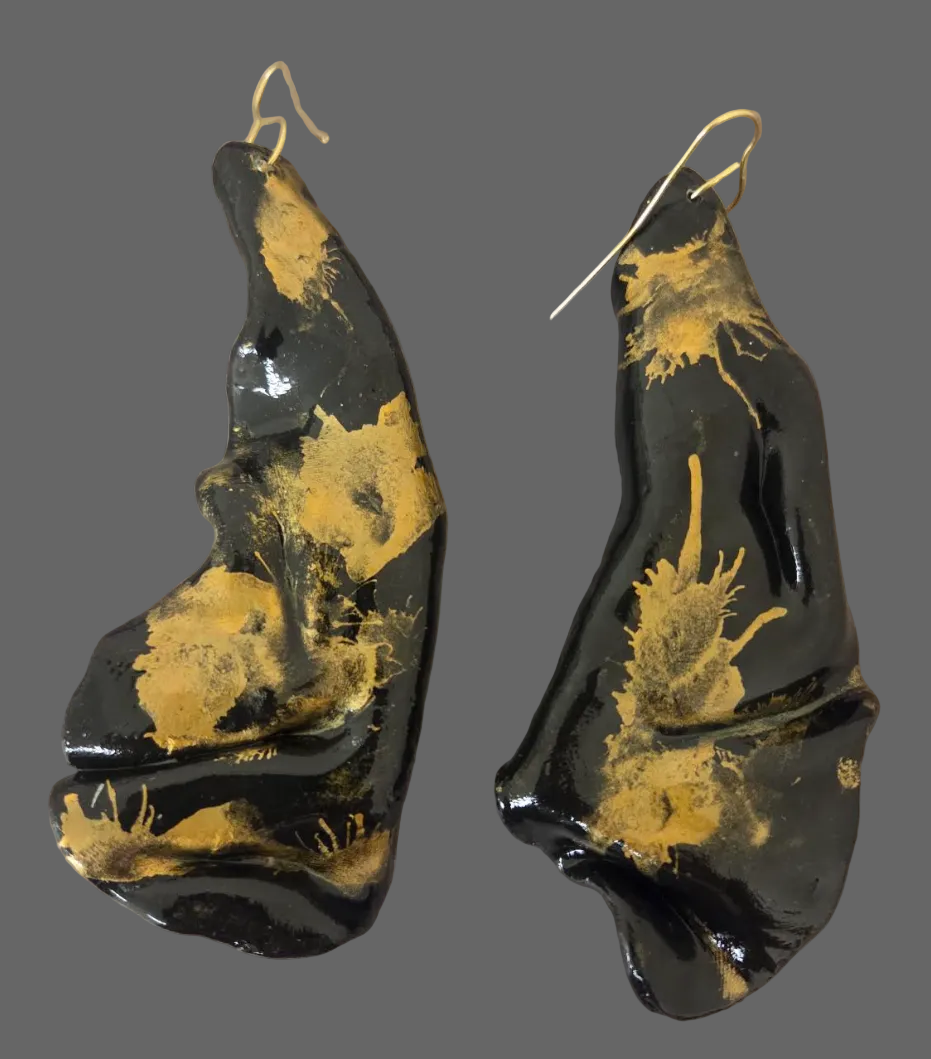 Black & Gold Hand Sculpted Avant Garde Pierced Earrings - Alcohol Inks