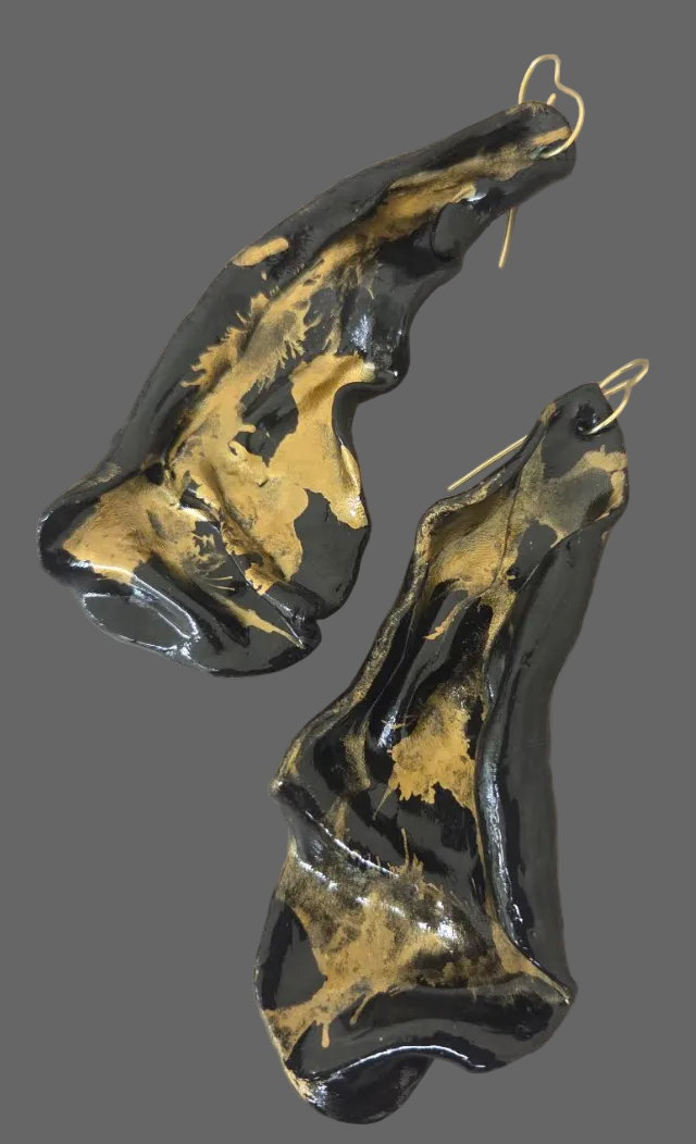 Black & Gold Hand Sculpted Avant Garde Pierced Earrings - Alcohol Inks