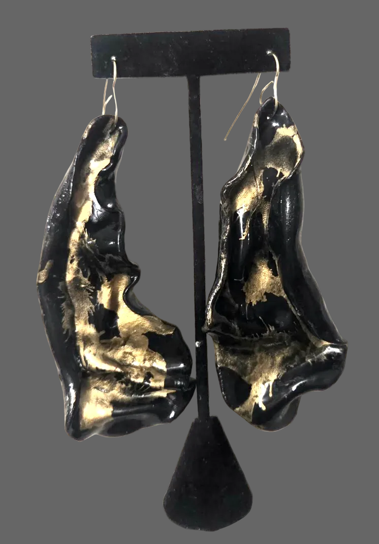 Black & Gold Hand Sculpted Avant Garde Pierced Earrings - Alcohol Inks