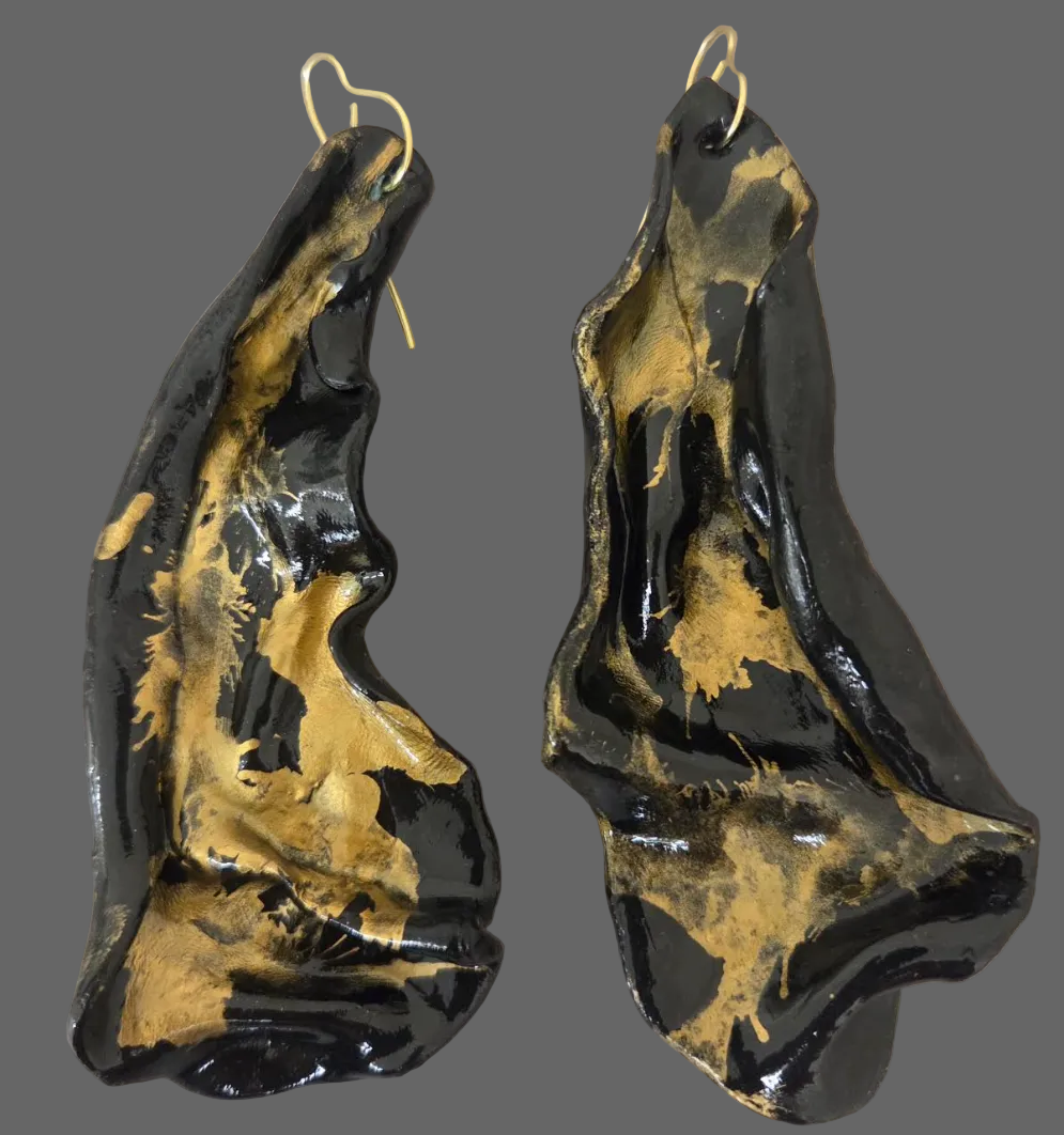 Black & Gold Hand Sculpted Avant Garde Pierced Earrings - Alcohol Inks