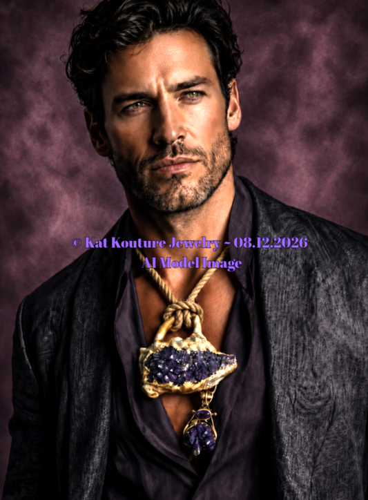 Sculpted Raw Amethyst & Blue Topaz Unisex Chest Piece - Hemp Rope