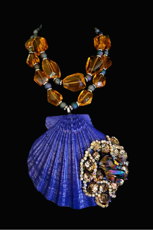Purple Bejeweled Shell Pendant With Faceted Orange Crystal Necklace