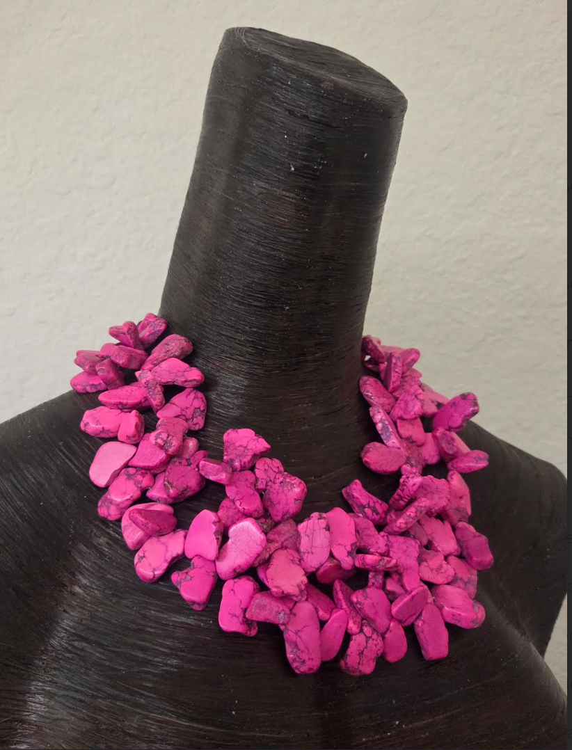 Hot Pink Magnesite Slab Statement Necklace - Detachable Rhinestone Rose Brooch