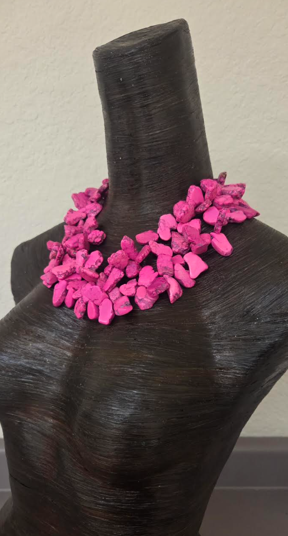 Hot Pink Magnesite Slab Statement Necklace - Detachable Rhinestone Rose Brooch
