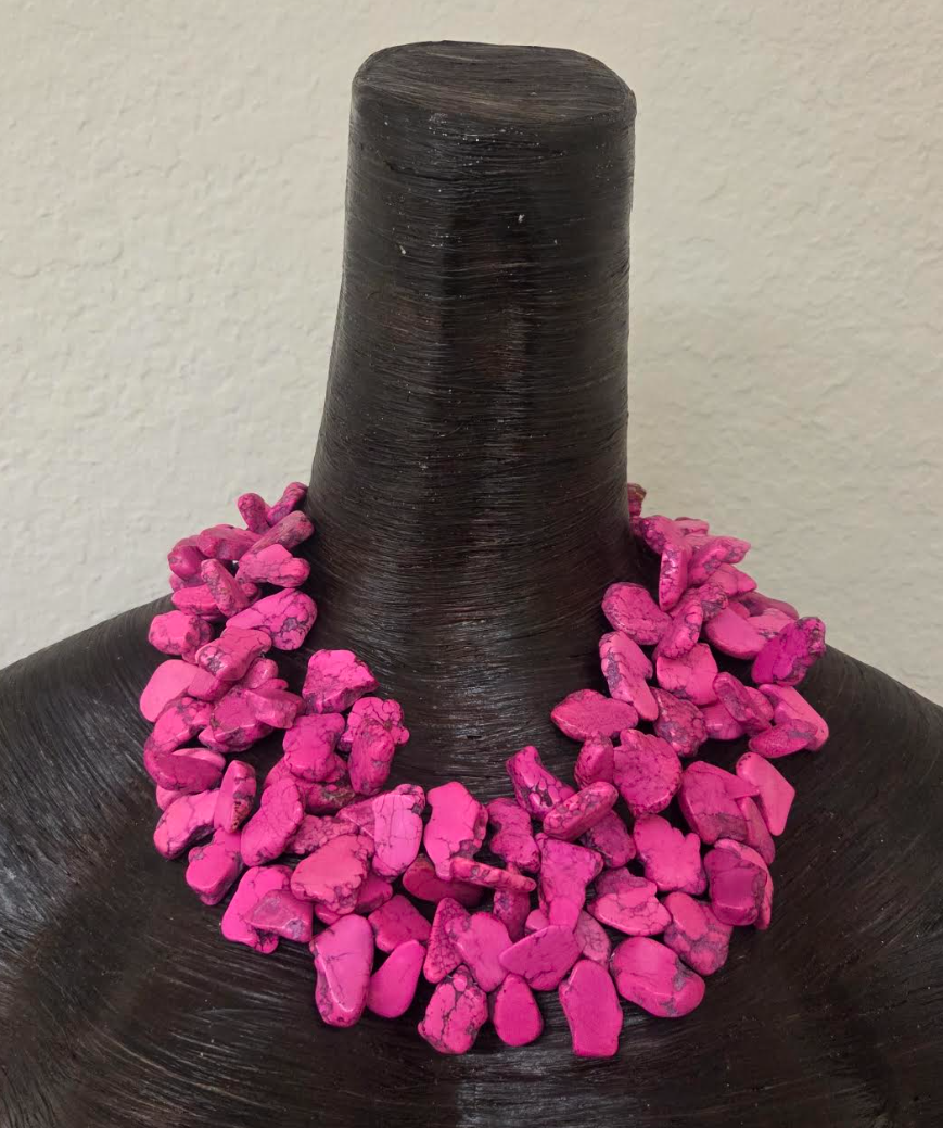 Hot Pink Magnesite Slab Statement Necklace - Detachable Rhinestone Rose Brooch