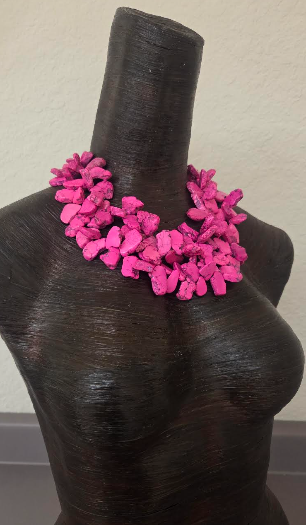 Hot Pink Magnesite Slab Statement Necklace - Detachable Rhinestone Rose Brooch