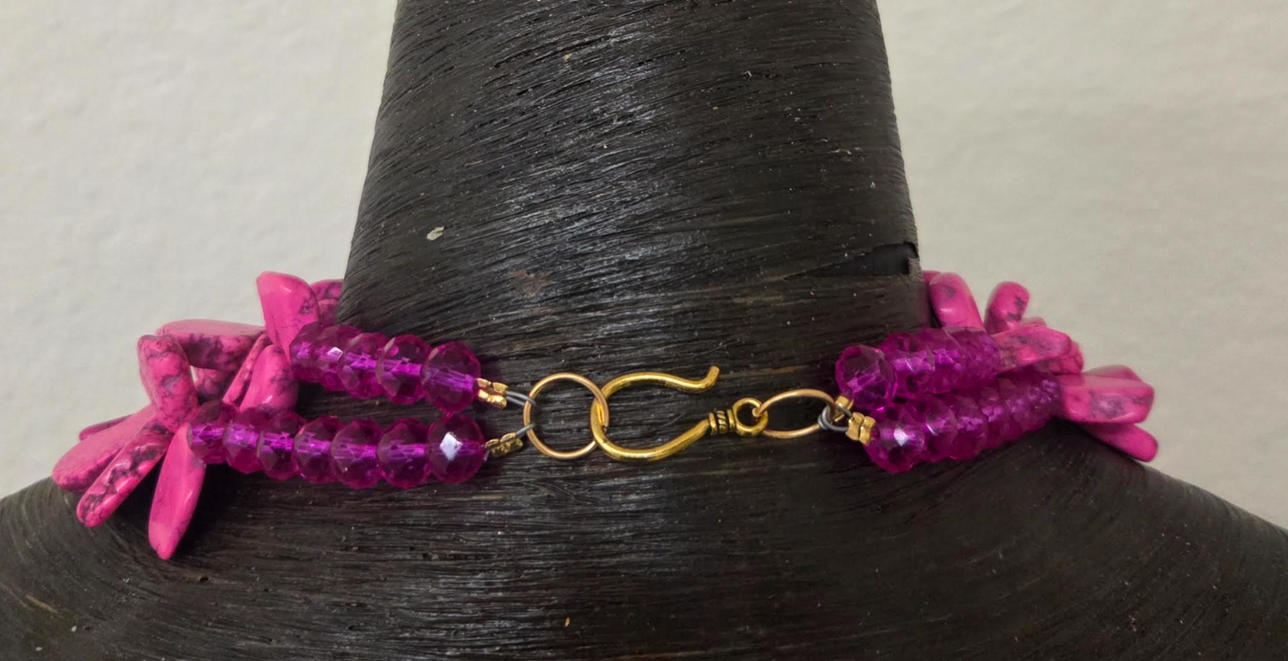 Hot Pink Magnesite Slab Statement Necklace - Detachable Rhinestone Rose Brooch